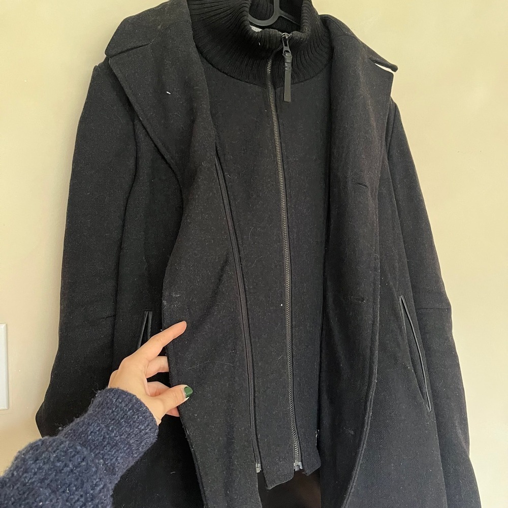 Mackage Men's Black Wool Blend Double Breasted Coat with Leather Trim Size 40 - Picture 6 of 16